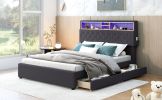 Full Size Upholstered Platform Bed with Storage Headboard, LED, USB Charging and 2 Drawers